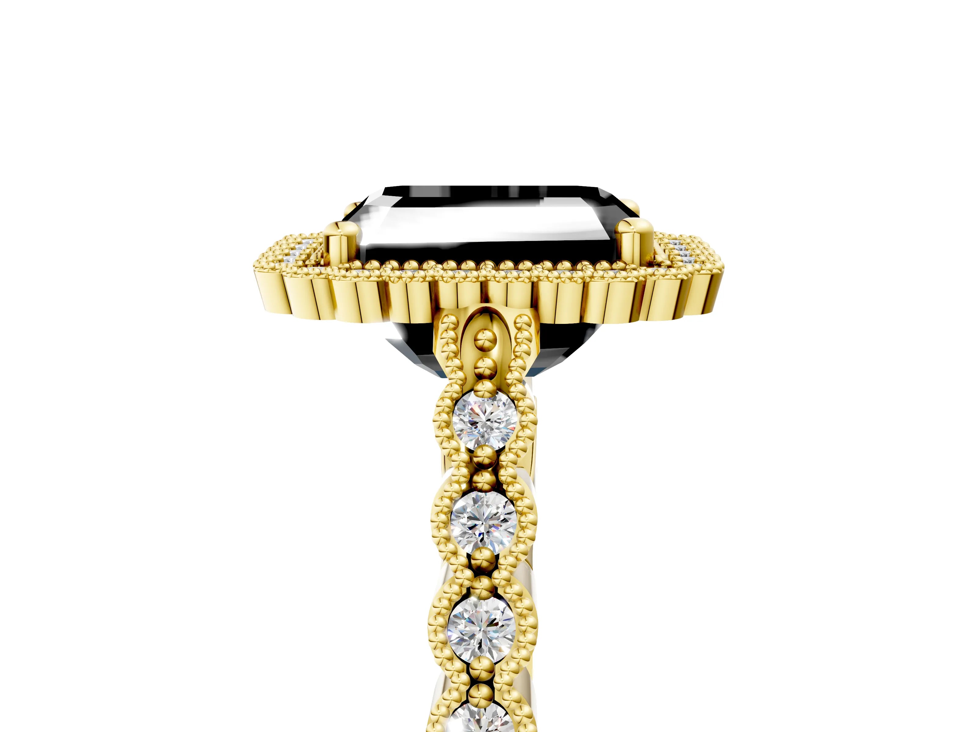 Yellow gold Fancy Black Radiant Cut Cut Halo Pavé Solitaire Ring with Milgrain Band_5
