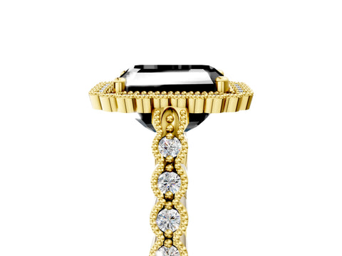 Yellow gold Fancy Black Radiant Cut Cut Halo Pavé Solitaire Ring with Milgrain Band_5