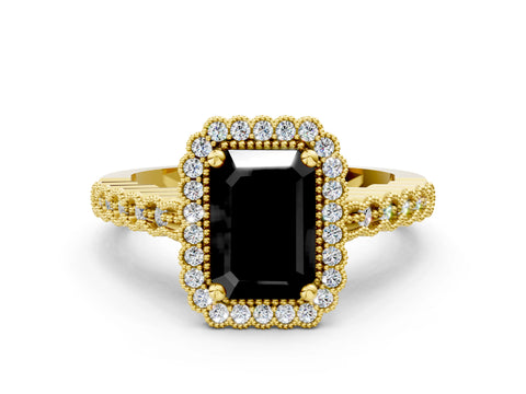 Yellow gold Fancy Black Radiant Cut Cut Halo Pavé Solitaire Ring with Milgrain Band