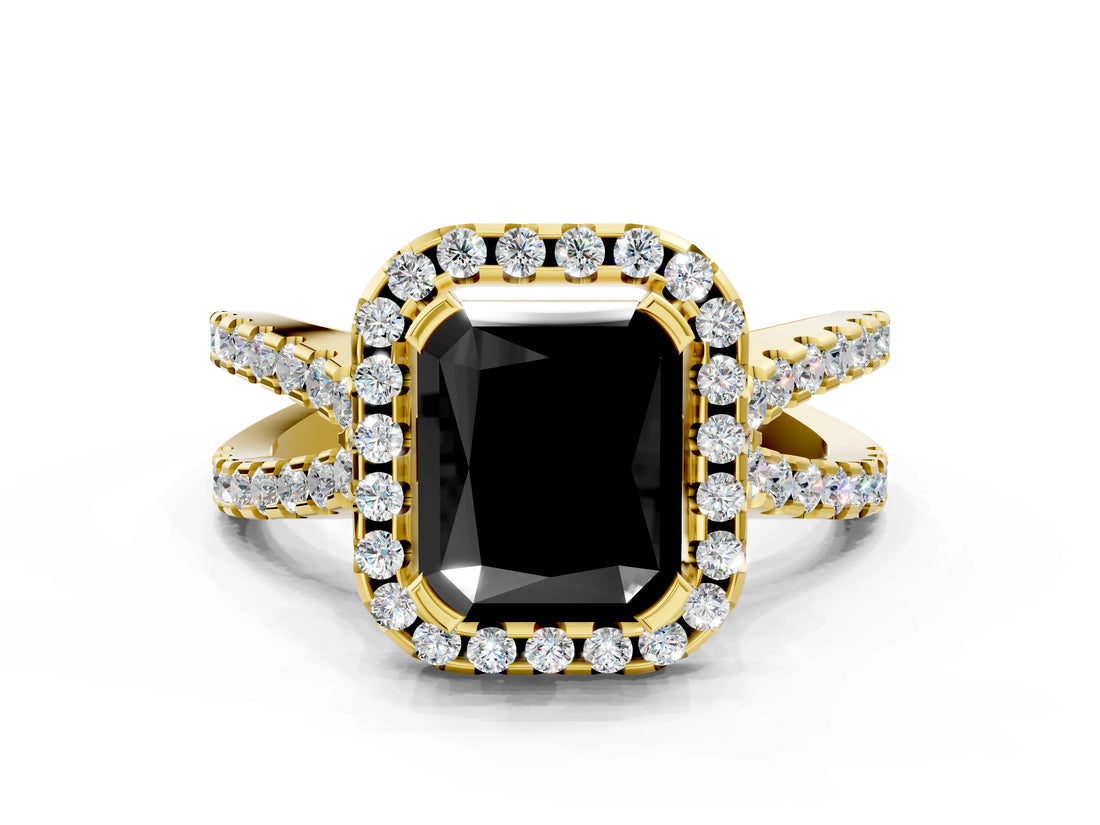 Yellow gold Fancy Black Radiant Cut Cut Halo Split Shank Pave Set Ring