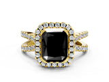 Yellow gold Fancy Black Radiant Cut Cut Halo Split Shank Pave Set Ring