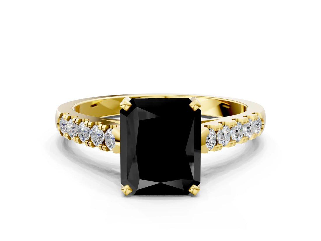 Yellow gold Fancy Black Radiant Cut Cut Pavé Band Solitaire Ring with Four-Prong Setting