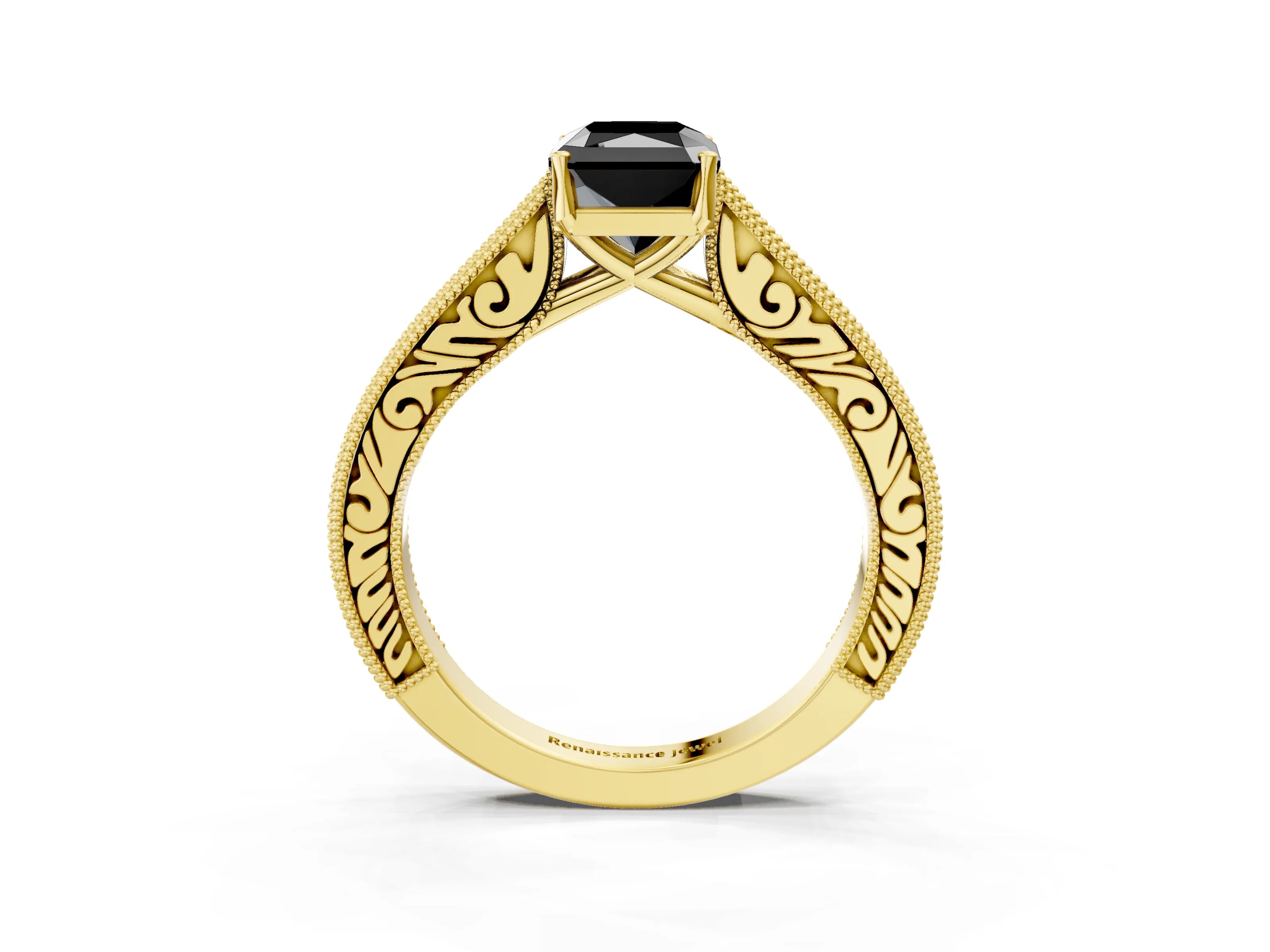 Yellow gold Fancy Black Radiant Cut Cut Pave Band Milgrain Solitaire Ring_10