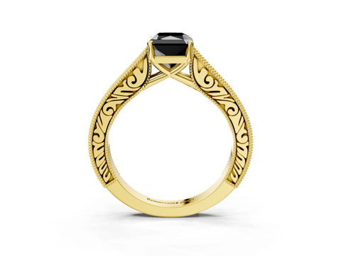 Yellow gold Fancy Black Radiant Cut Cut Pave Band Milgrain Solitaire Ring_10