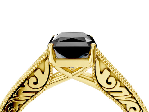 Yellow gold Fancy Black Radiant Cut Cut Pave Band Milgrain Solitaire Ring_11