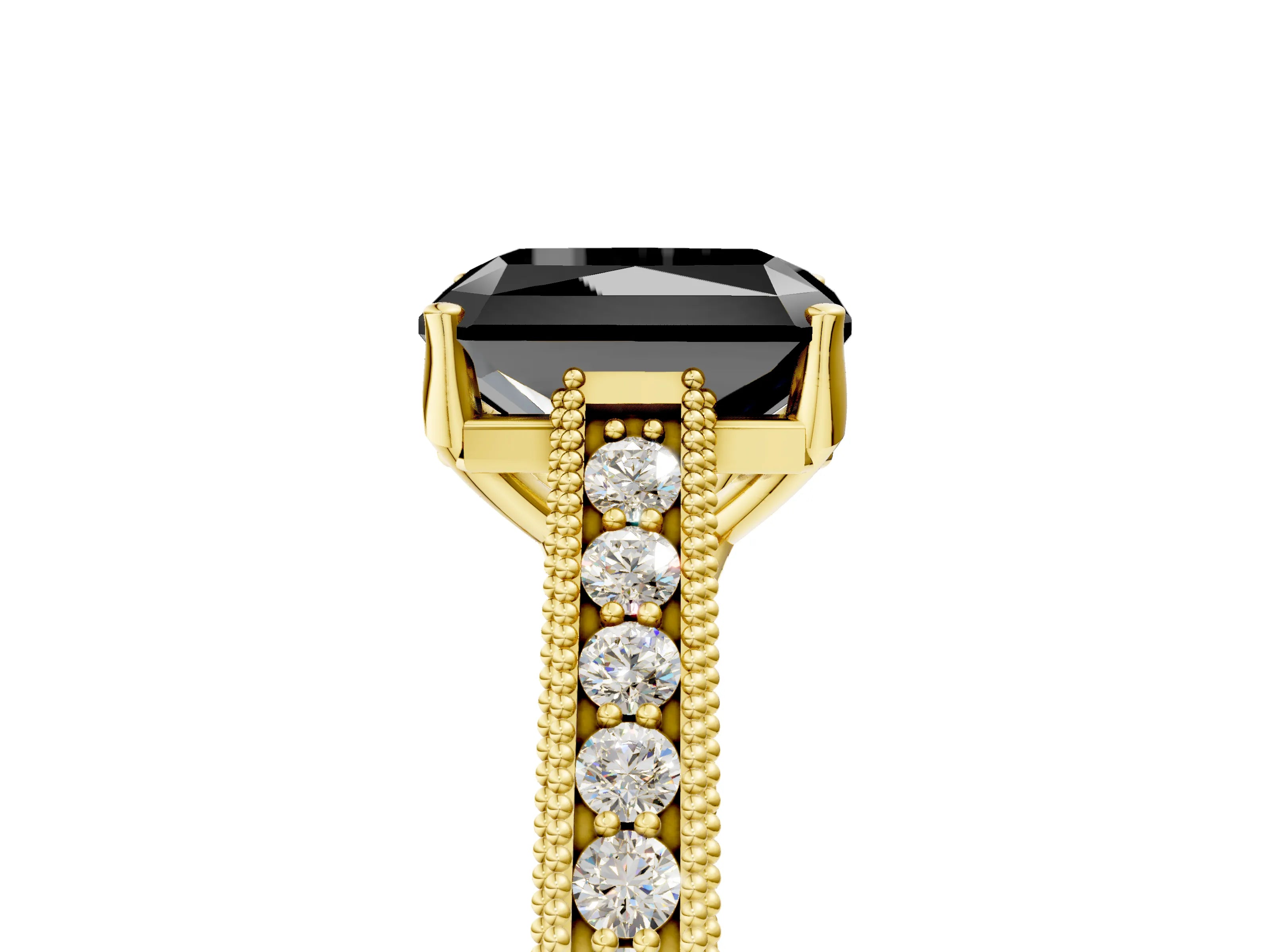 Yellow gold Fancy Black Radiant Cut Cut Pave Band Milgrain Solitaire Ring_12