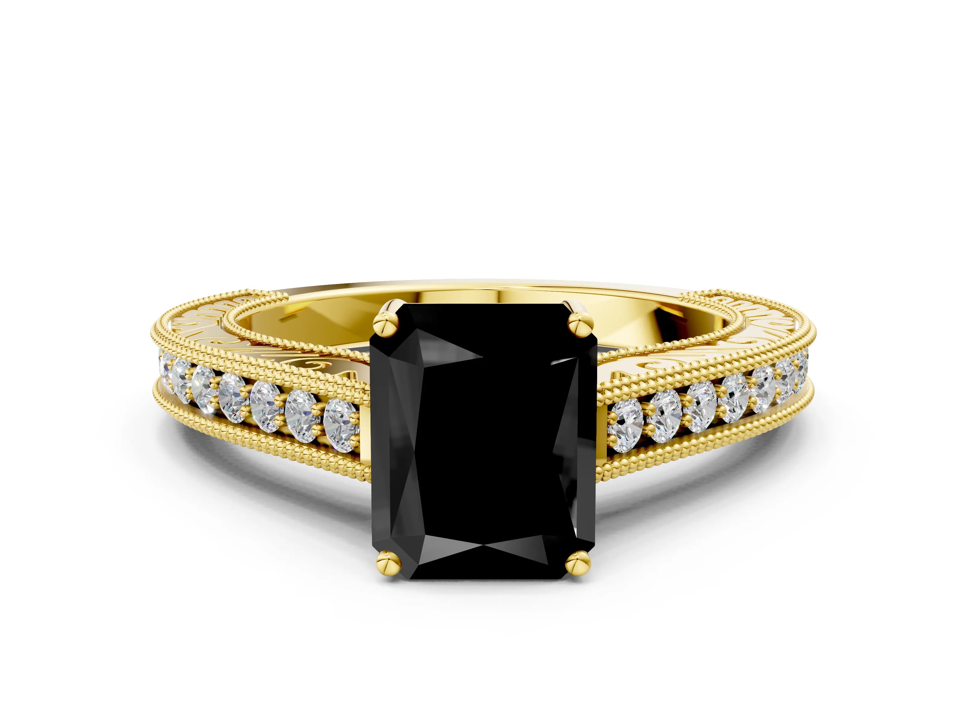 Yellow gold Fancy Black Radiant Cut Cut Pave Band Milgrain Solitaire Ring_22