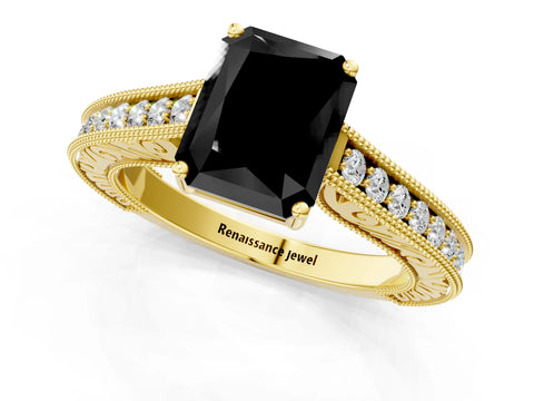 Yellow gold Fancy Black Radiant Cut Cut Pave Band Milgrain Solitaire Ring_23