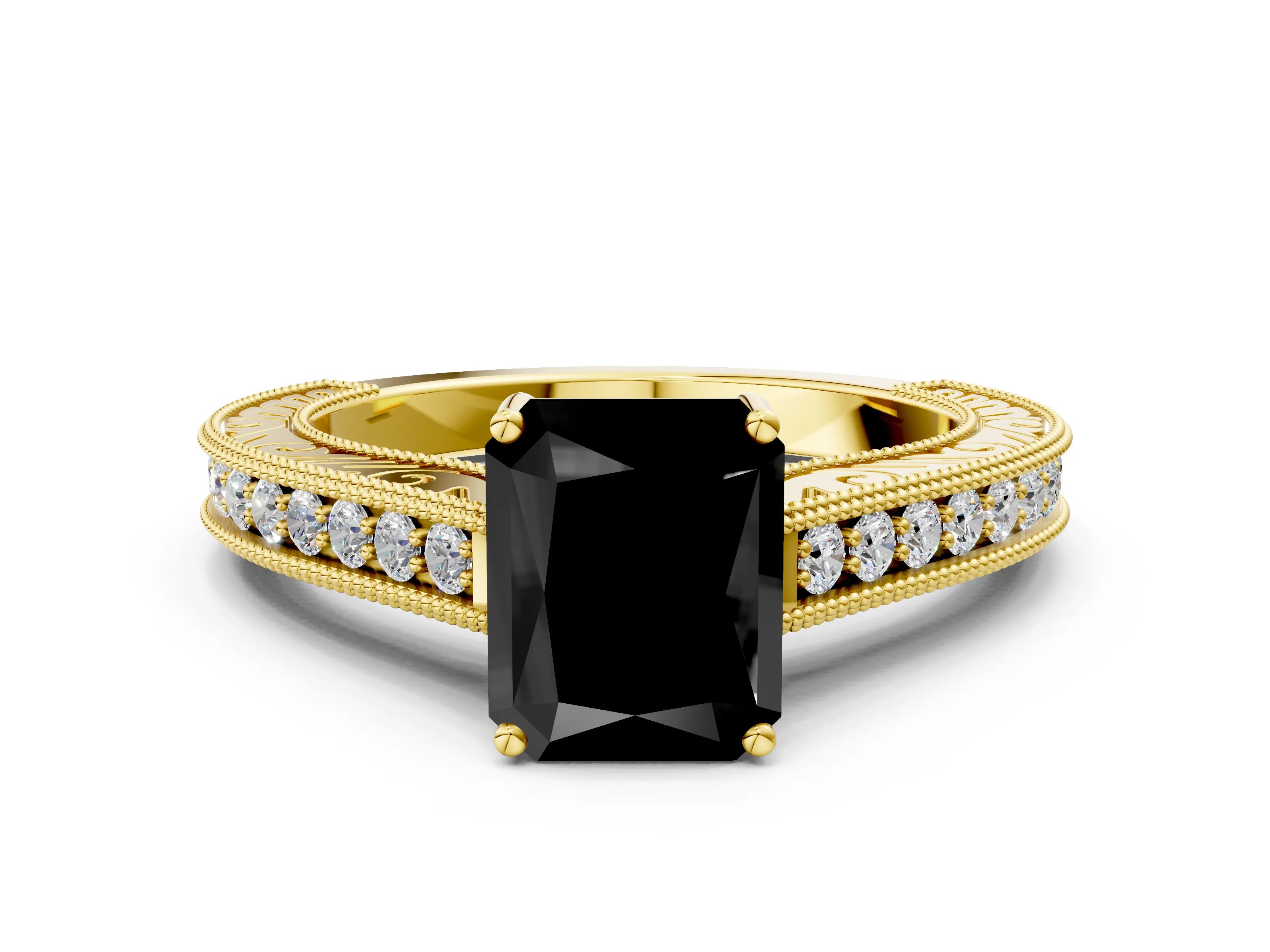 Yellow gold Fancy Black Radiant Cut Cut Pave Band Milgrain Solitaire Ring_7
