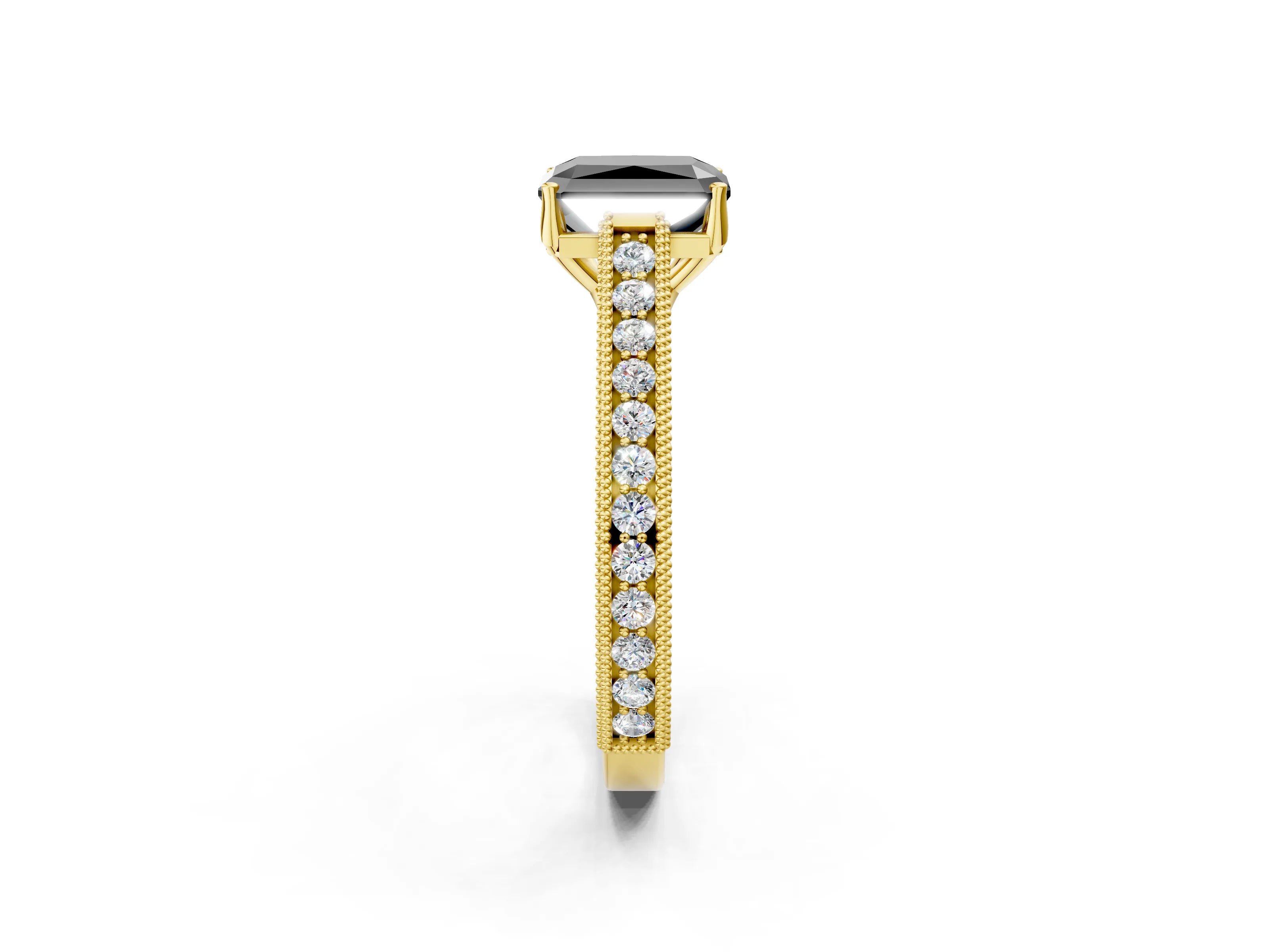 Yellow gold Fancy Black Radiant Cut Cut Pave Band Milgrain Solitaire Ring_9