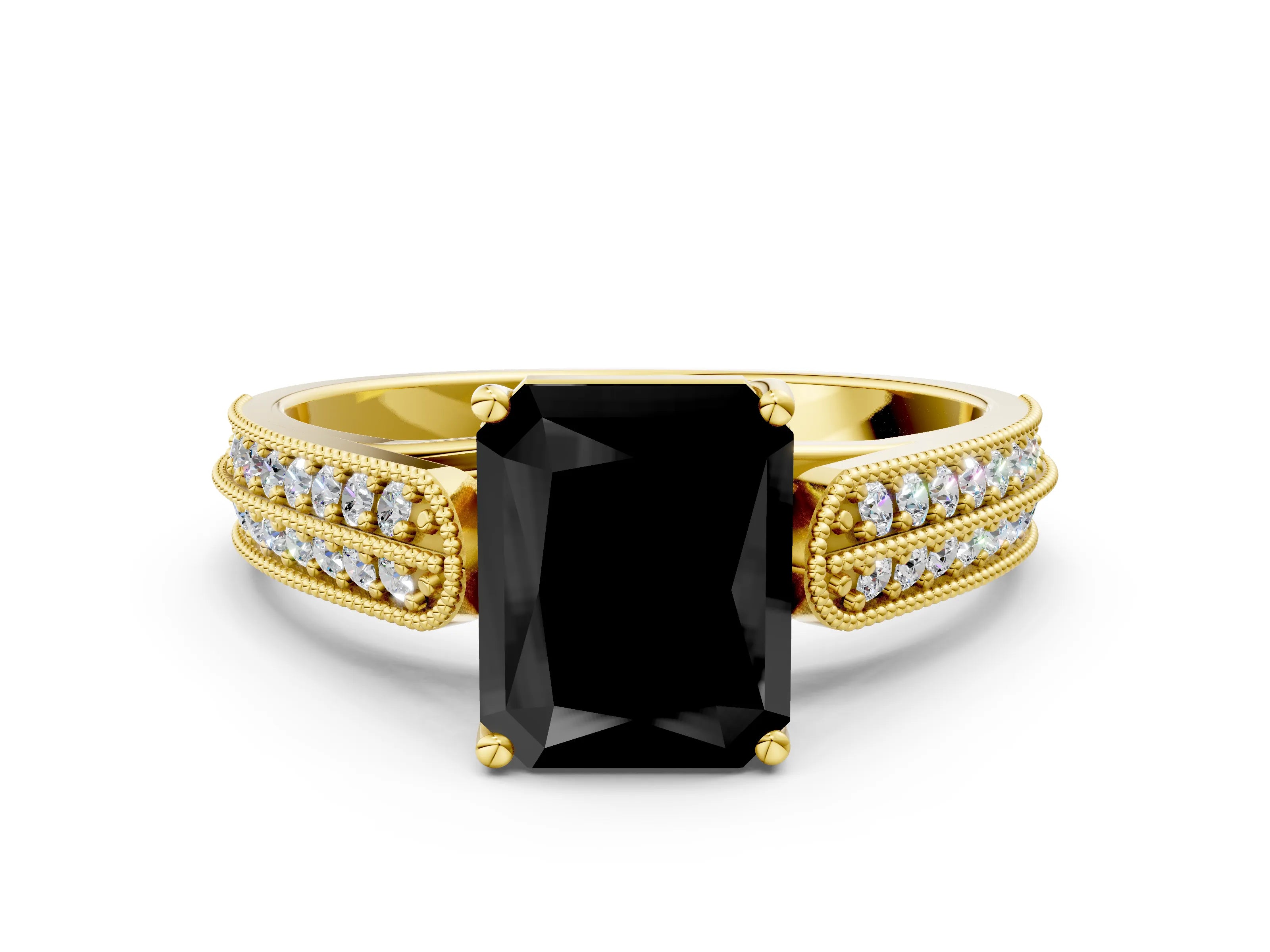 Yellow gold Fancy Black Radiant Cut Cut Pave Split Shank Engagement Ring with Four-Prong Setting