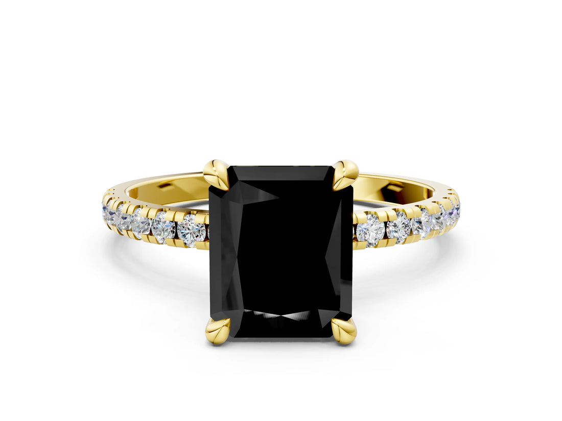 Yellow gold Fancy Black Radiant Cut Diamond Brilliant Solitaire Ring with Pavé Band and Four-Prong Setting_12