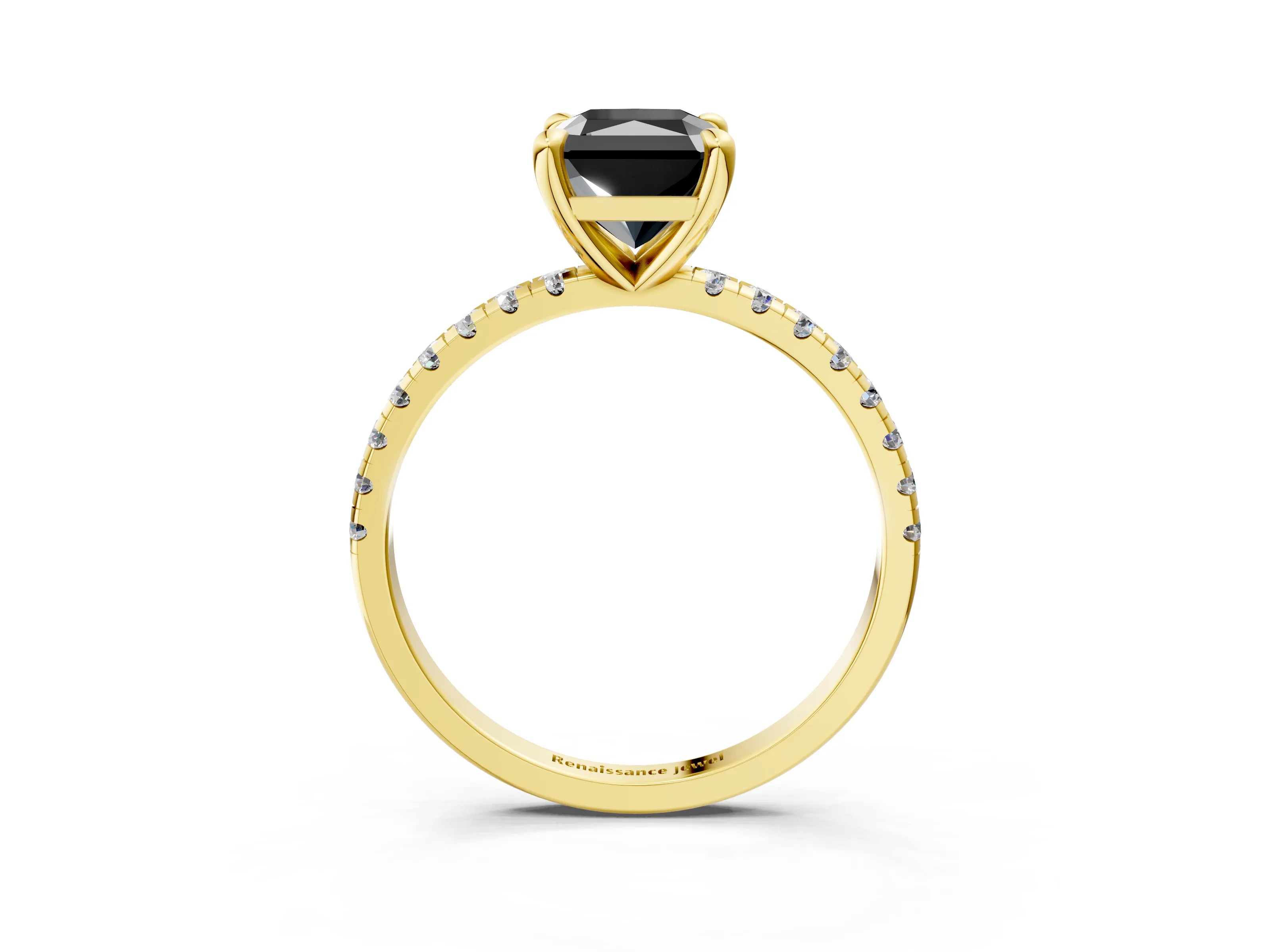Yellow gold Fancy Black Radiant Cut Diamond Brilliant Solitaire Ring with Pavé Band and Four-Prong Setting_3