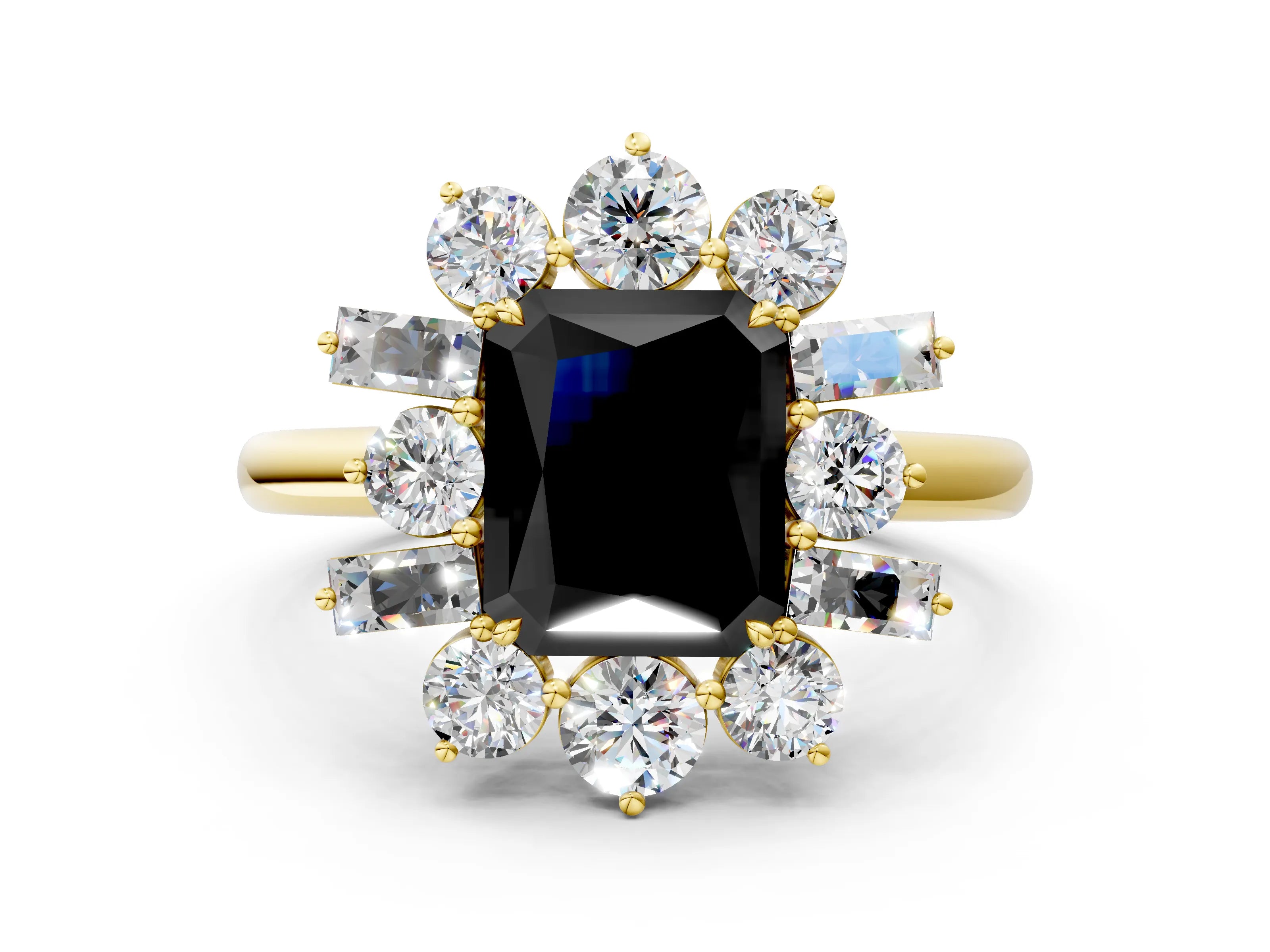 Yellow gold Fancy Black Radiant Cut Diamond Cluster Ring with Round and Baguette Stones, Split Shank Band, Prong Setting