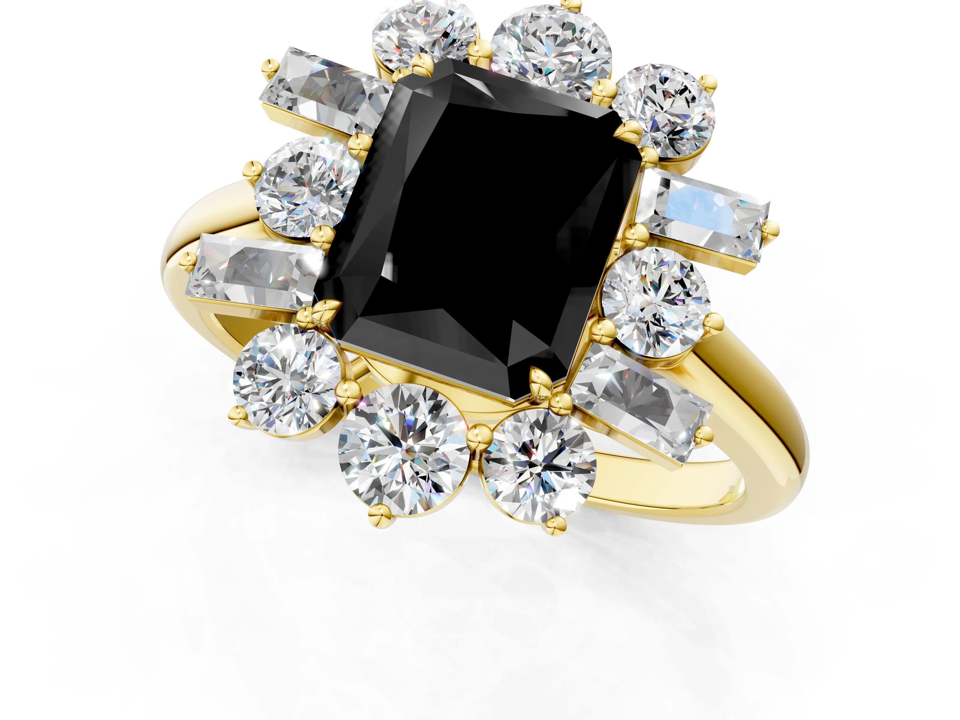 Yellow gold Fancy Black Radiant Cut Diamond Cluster Ring with Round and Baguette Stones, Split Shank Band, Prong Setting_1