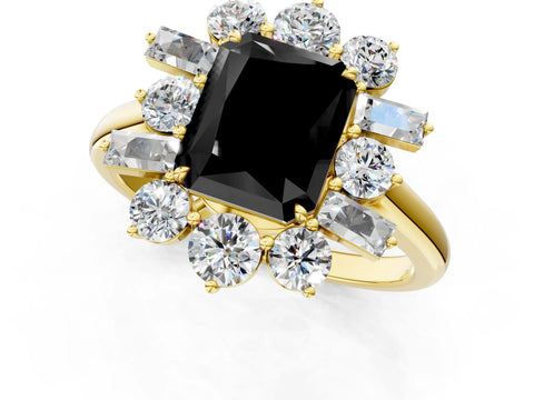 Yellow gold Fancy Black Radiant Cut Diamond Cluster Ring with Round and Baguette Stones, Split Shank Band, Prong Setting_1