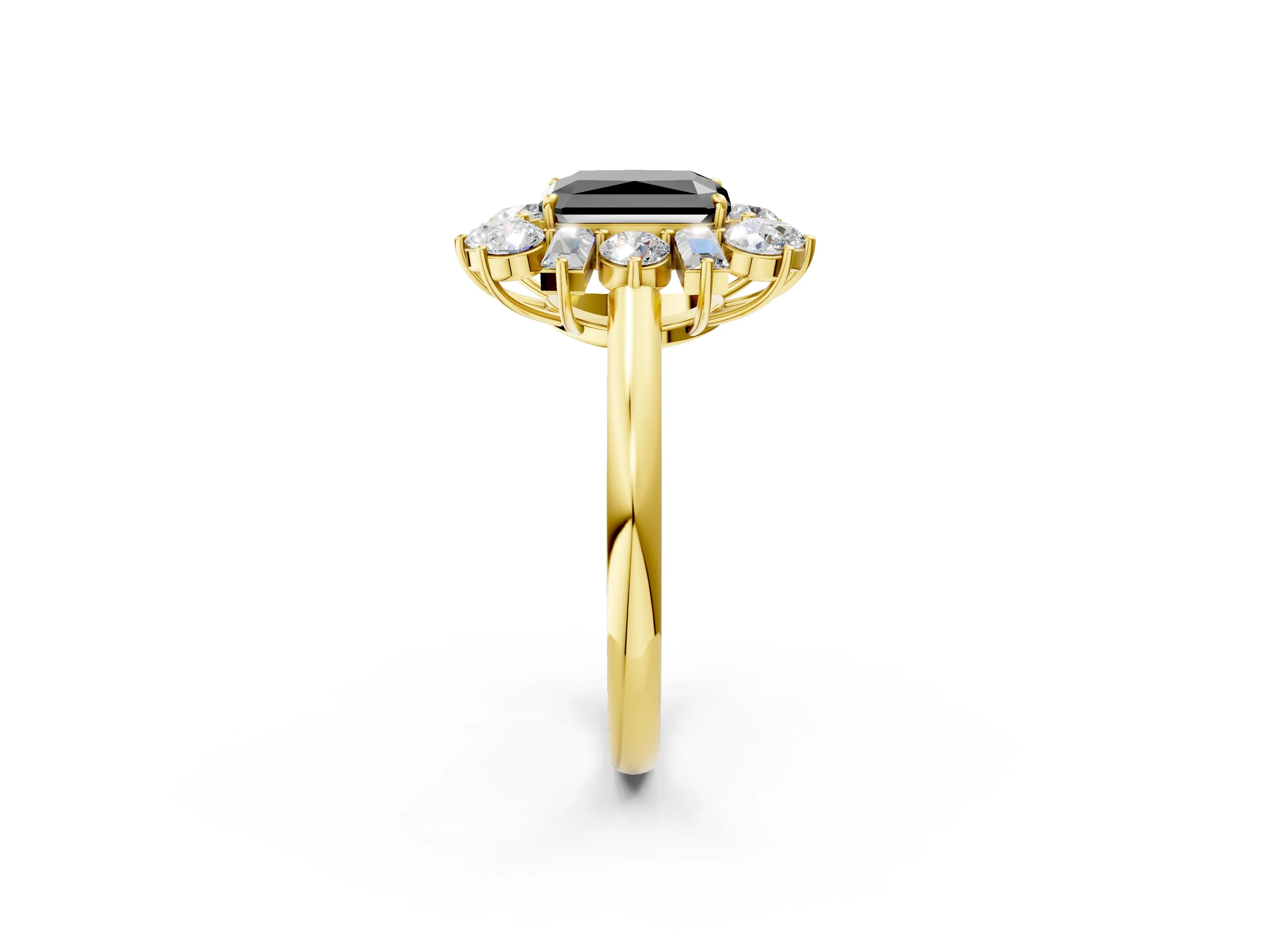 Yellow gold Fancy Black Radiant Cut Diamond Cluster Ring with Round and Baguette Stones, Split Shank Band, Prong Setting_2