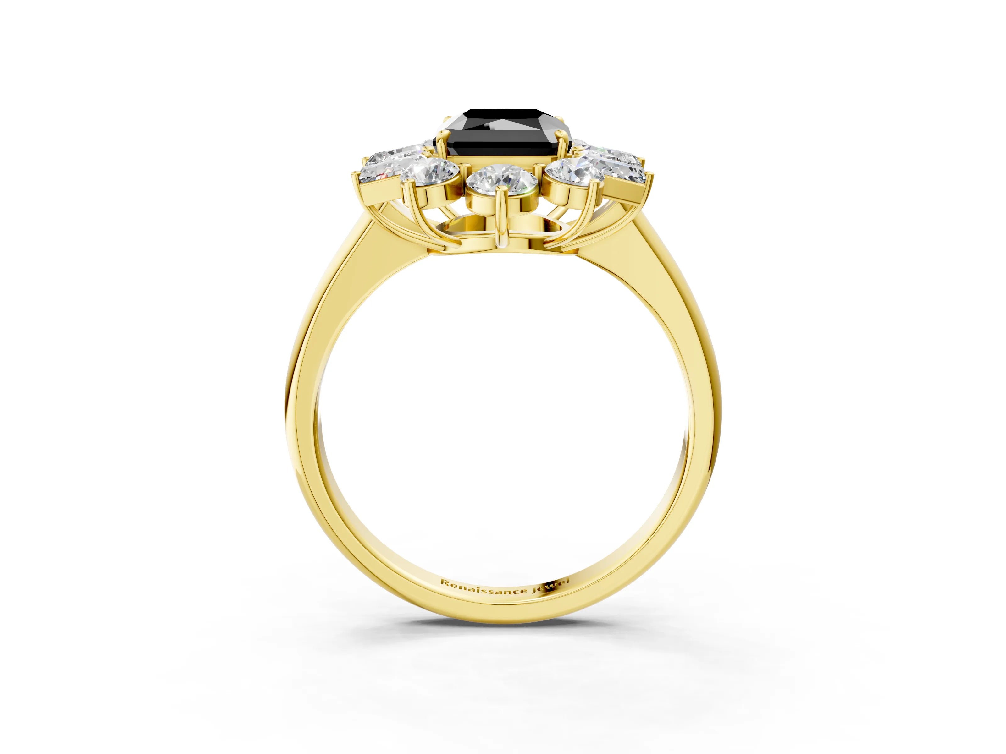 Yellow gold Fancy Black Radiant Cut Diamond Cluster Ring with Round and Baguette Stones, Split Shank Band, Prong Setting_3