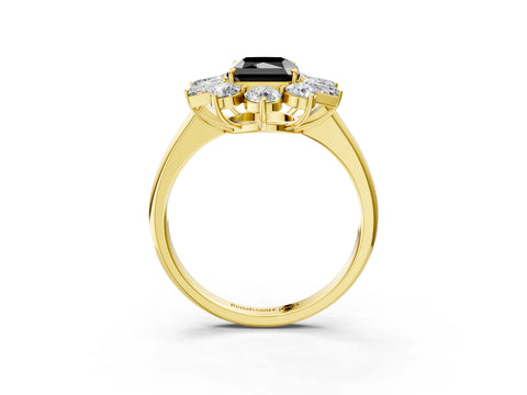 Yellow gold Fancy Black Radiant Cut Diamond Cluster Ring with Round and Baguette Stones, Split Shank Band, Prong Setting_3