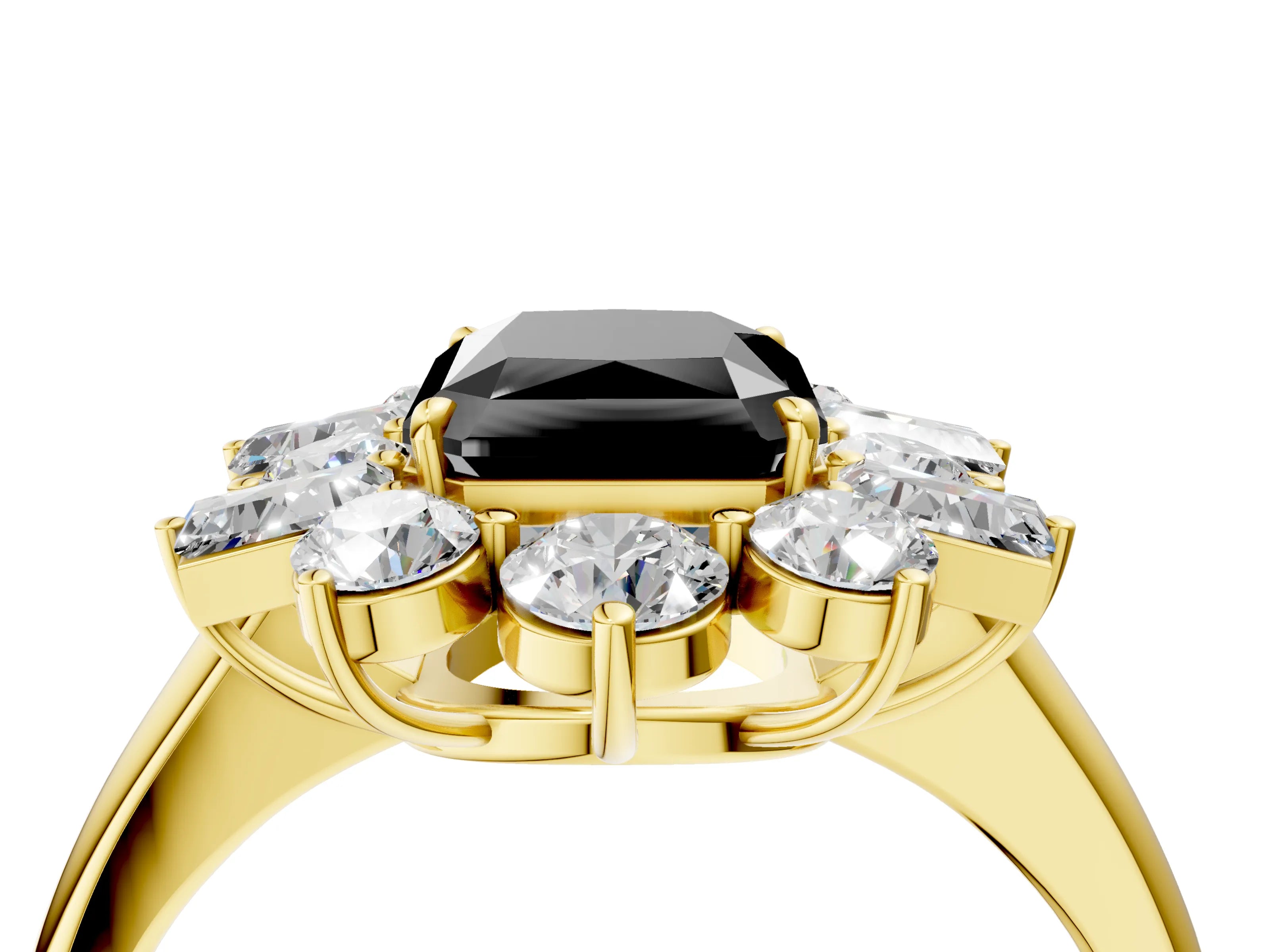 Yellow gold Fancy Black Radiant Cut Diamond Cluster Ring with Round and Baguette Stones, Split Shank Band, Prong Setting_4