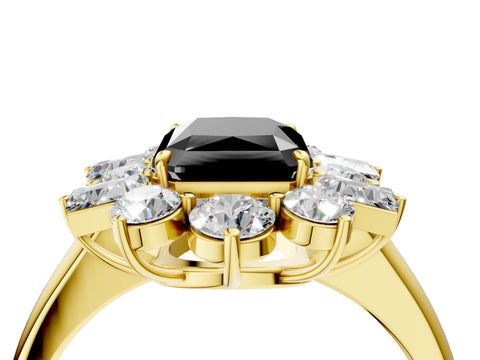 Yellow gold Fancy Black Radiant Cut Diamond Cluster Ring with Round and Baguette Stones, Split Shank Band, Prong Setting_4