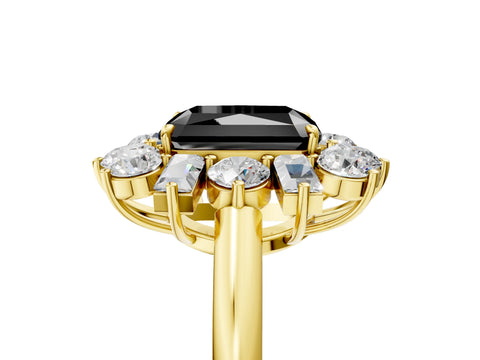 Yellow gold Fancy Black Radiant Cut Diamond Cluster Ring with Round and Baguette Stones, Split Shank Band, Prong Setting_5