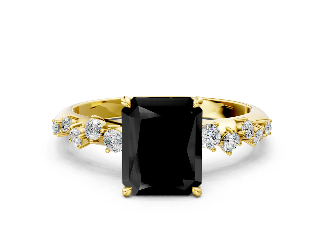 Yellow gold Fancy Black Radiant Cut Diamond Cluster Side Stone Solitaire Ring with Prong Setting_24