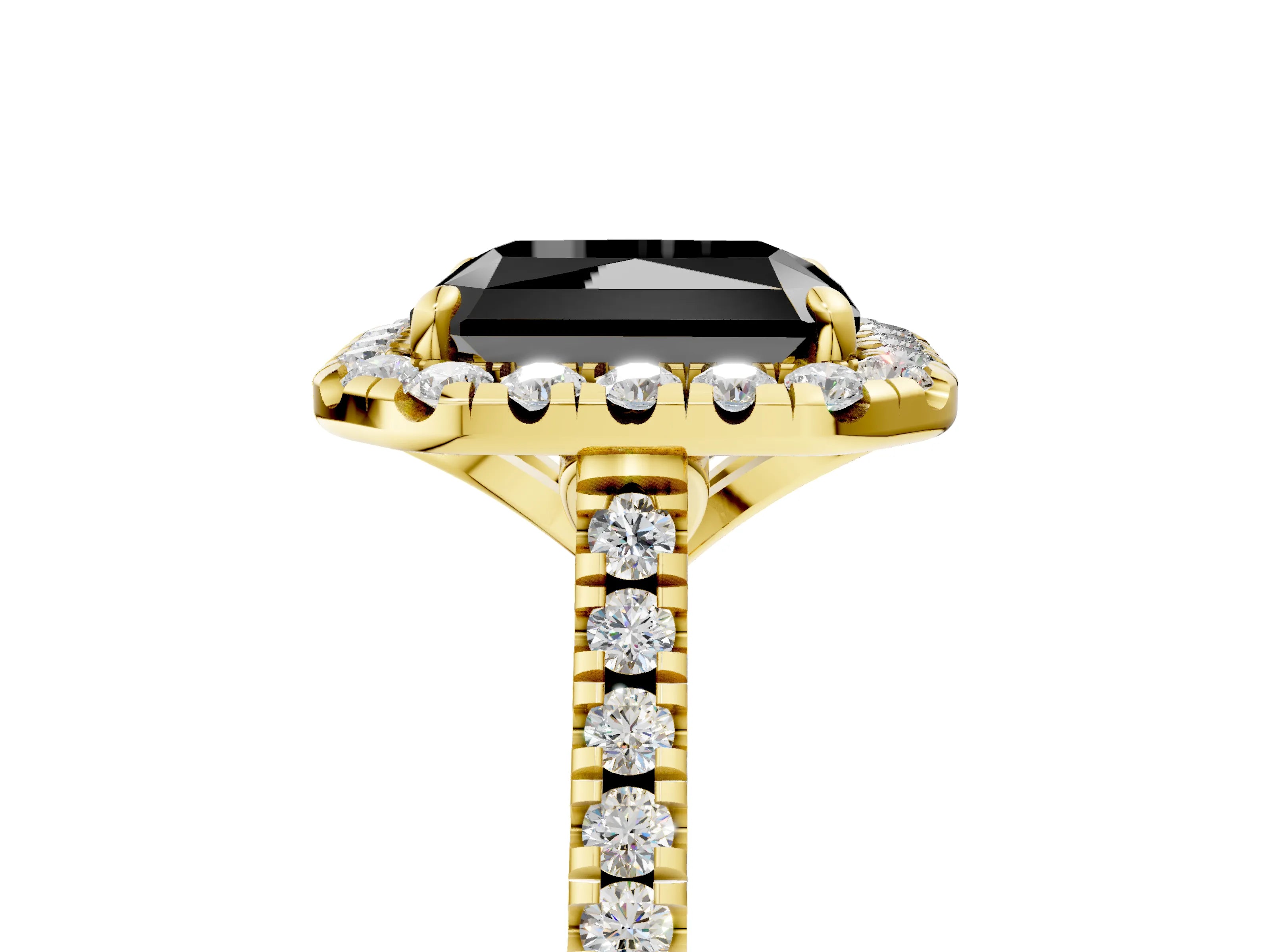 Yellow gold Fancy Black Radiant Cut Diamond Cushion Halo Ring with Pavé Band_5