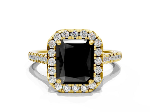 Yellow gold Fancy Black Radiant Cut Diamond Cushion Halo Ring with Pavé Band