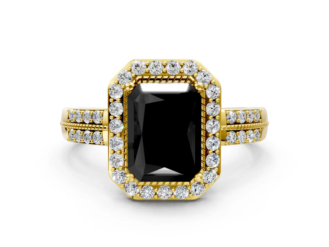 Yellow gold Fancy Black Radiant Cut Diamond Double Halo Ring with Split Shank and Four-Prong Setting