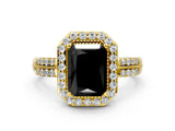 Yellow gold Fancy Black Radiant Cut Diamond Double Halo Ring with Split Shank and Four-Prong Setting