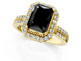 Yellow gold Fancy Black Radiant Cut Diamond Double Halo Ring with Split Shank and Four-Prong Setting_1