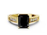 Yellow gold Fancy Black Radiant Cut Diamond Engagement Ring with Milgrain Channel Set Band and Prong Setting