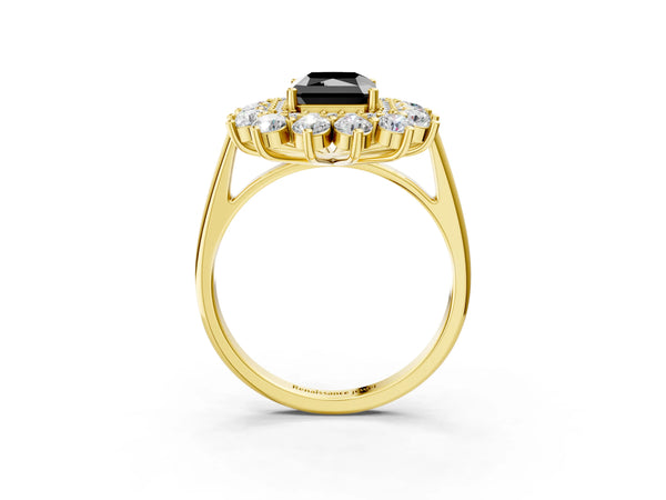 Yellow Gold Radiant Cut Floral Double Halo Engagement Ring Setting for Black Center