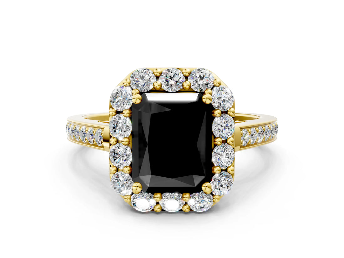 Yellow gold Fancy Black Radiant Cut Diamond Floral Halo Ring with Pavé Band and Prong Setting_3