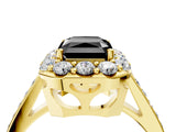 Yellow gold Fancy Black Radiant Cut Diamond Floral Halo Ring with Pavé Band and Prong Setting_7