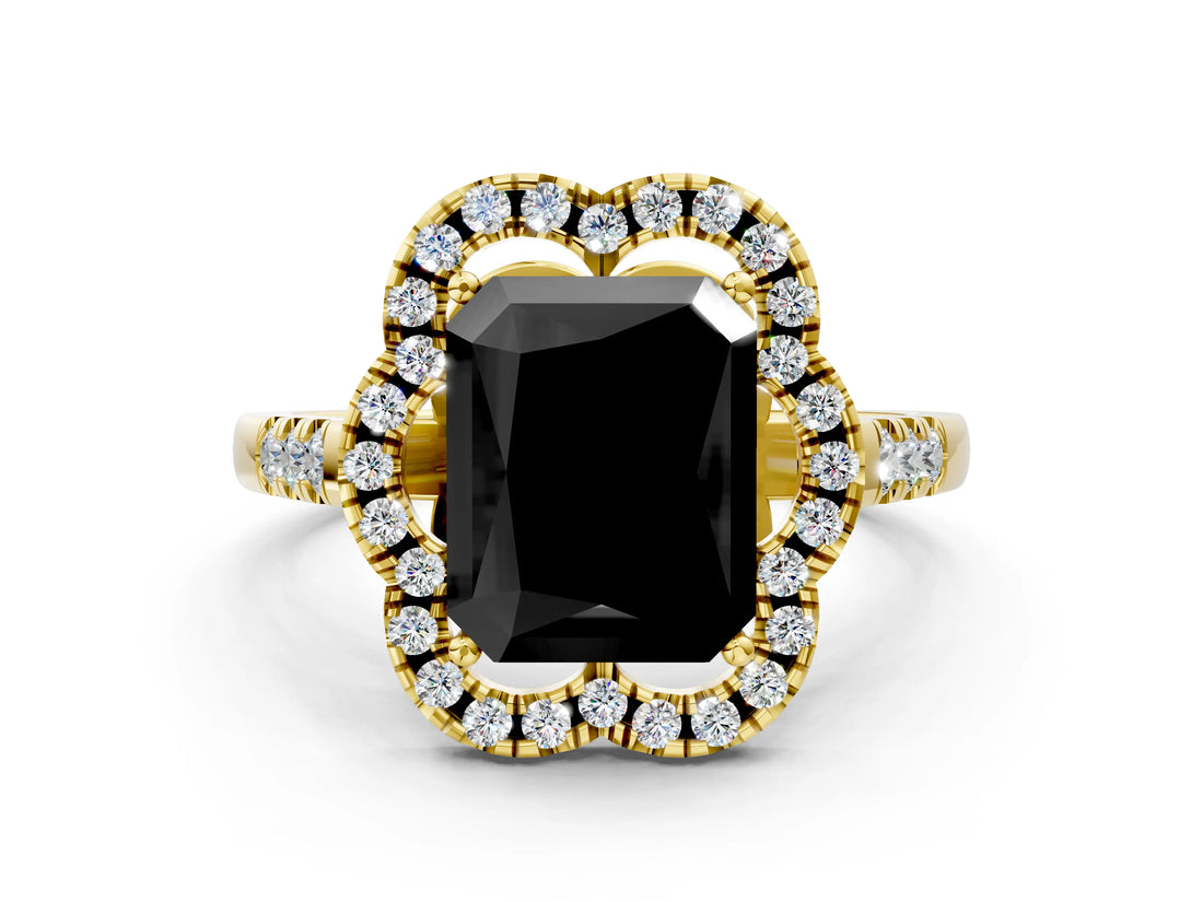 Yellow gold Fancy Black Radiant Cut Diamond Floral Halo Split Shank Prong Setting Ring