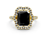 Yellow gold Fancy Black Radiant Cut Diamond Floral Halo Split Shank Prong Setting Ring