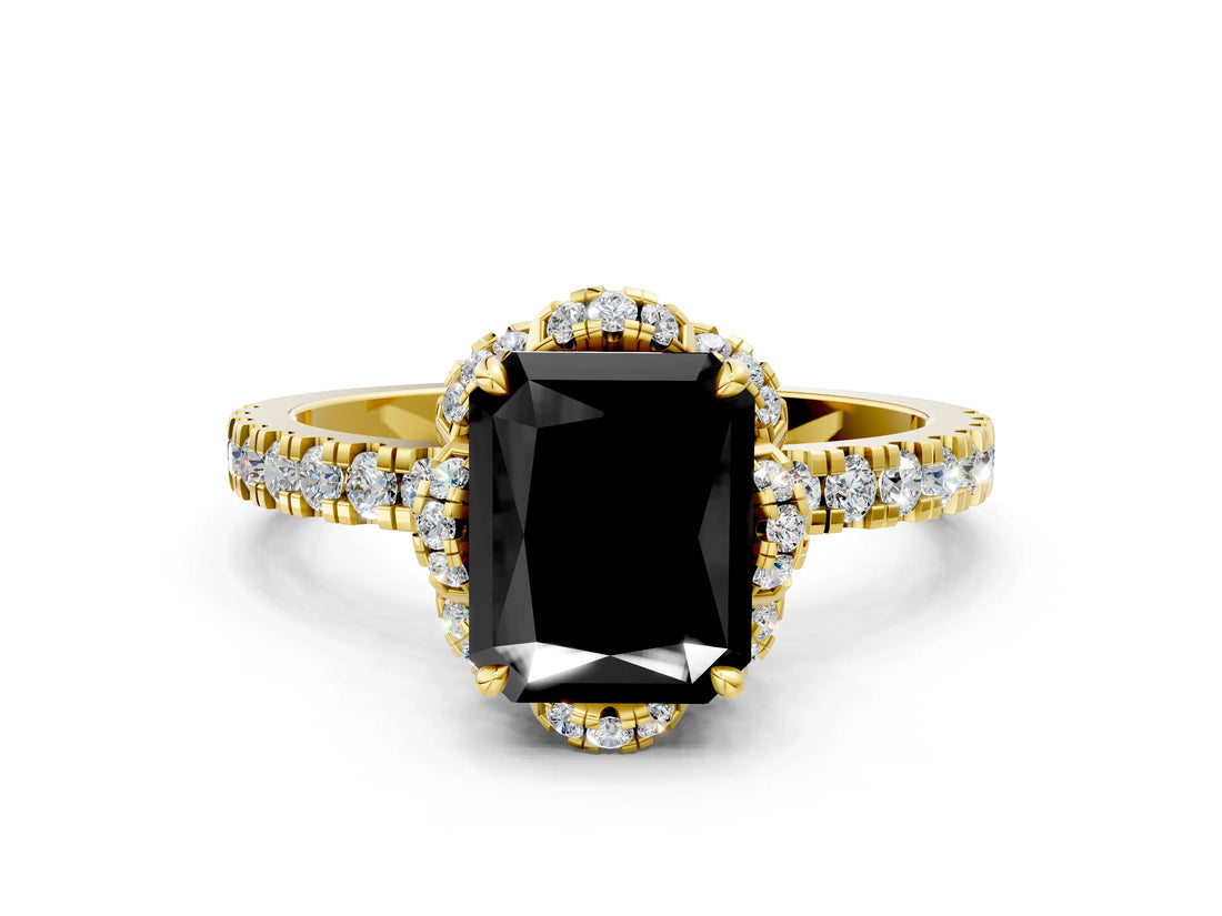 Yellow gold Fancy Black Radiant Cut Diamond Halo Pave Band with Four-Prong Setting_3