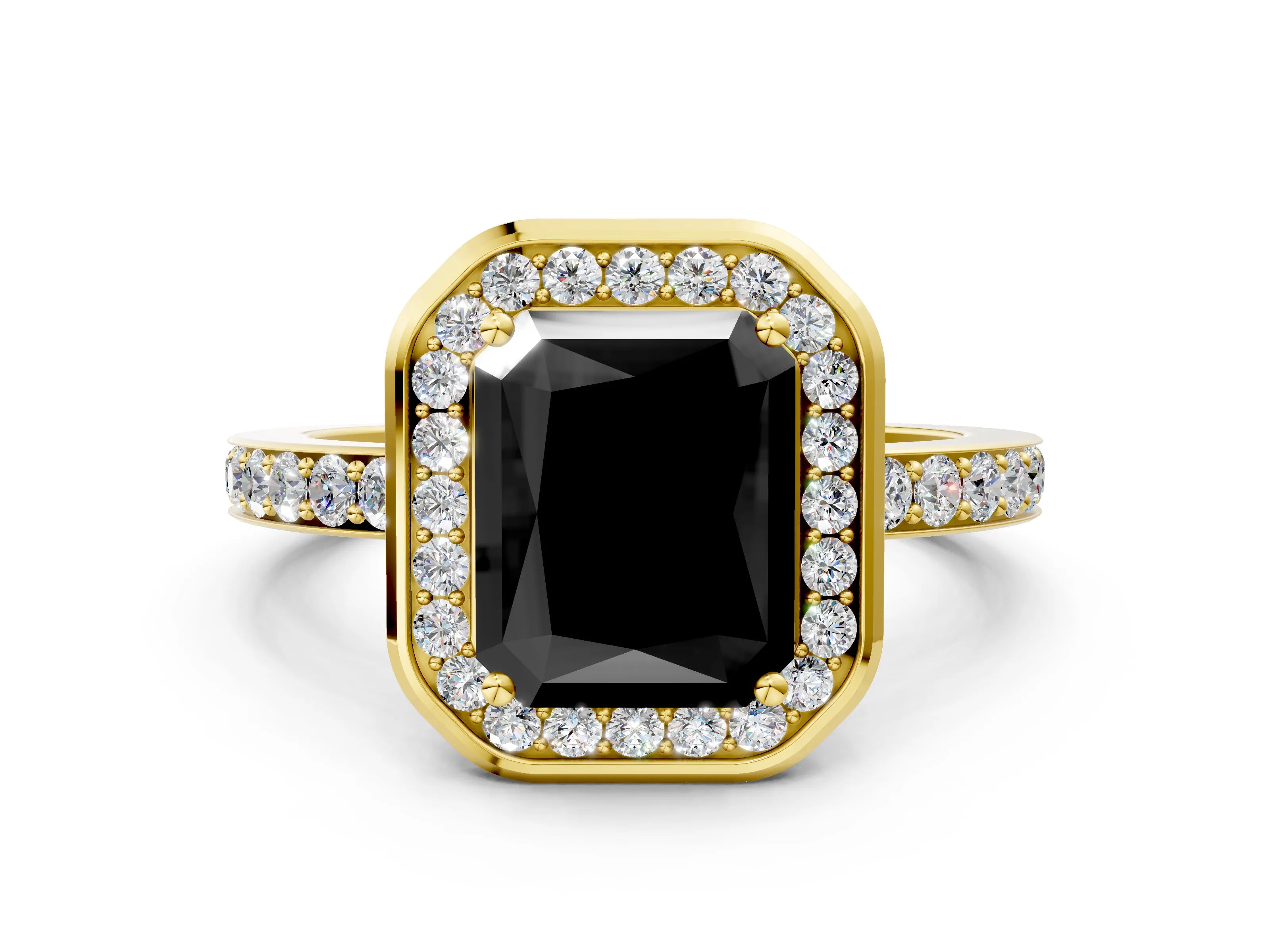 Yellow gold Fancy Black Radiant Cut Diamond Halo Ring with Bezel Frame and Pavé Band