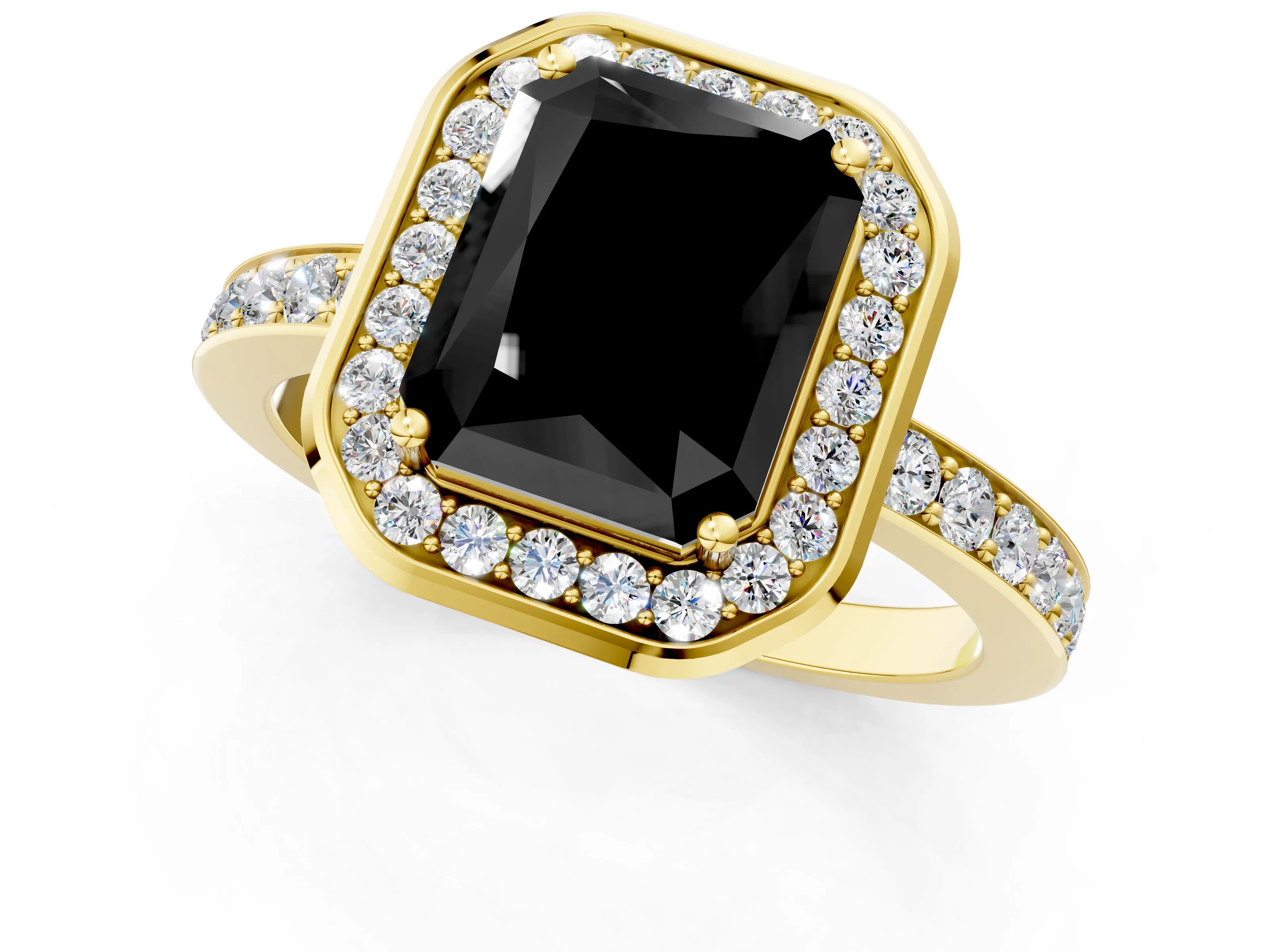 Yellow gold Fancy Black Radiant Cut Diamond Halo Ring with Bezel Frame and Pavé Band_1