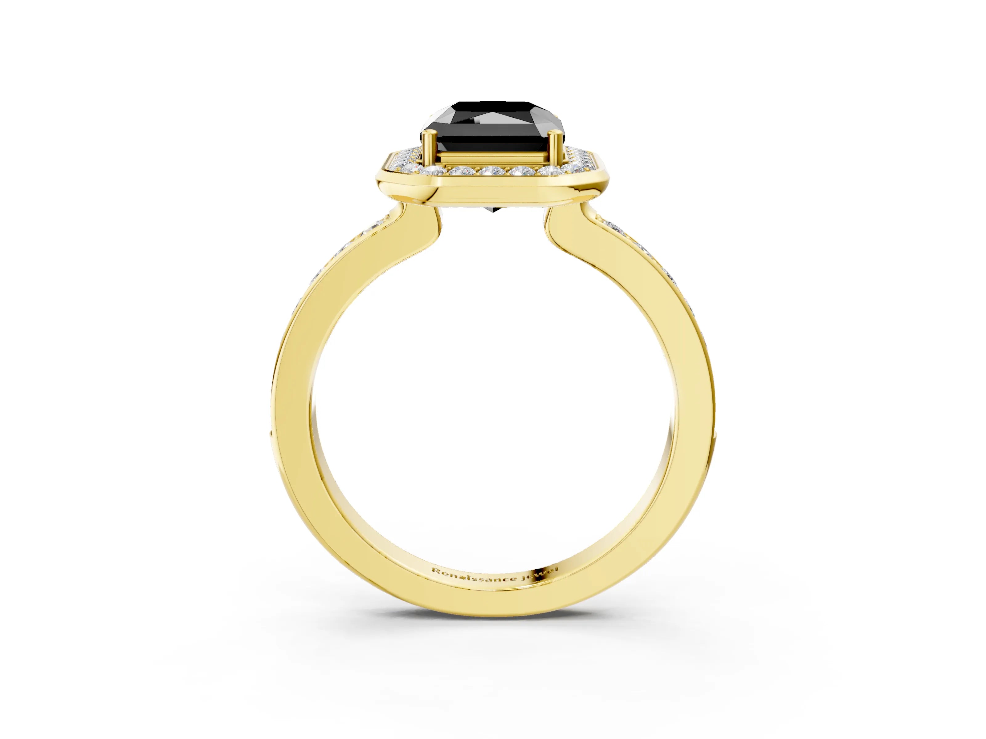 Yellow gold Fancy Black Radiant Cut Diamond Halo Ring with Bezel Frame and Pavé Band_3