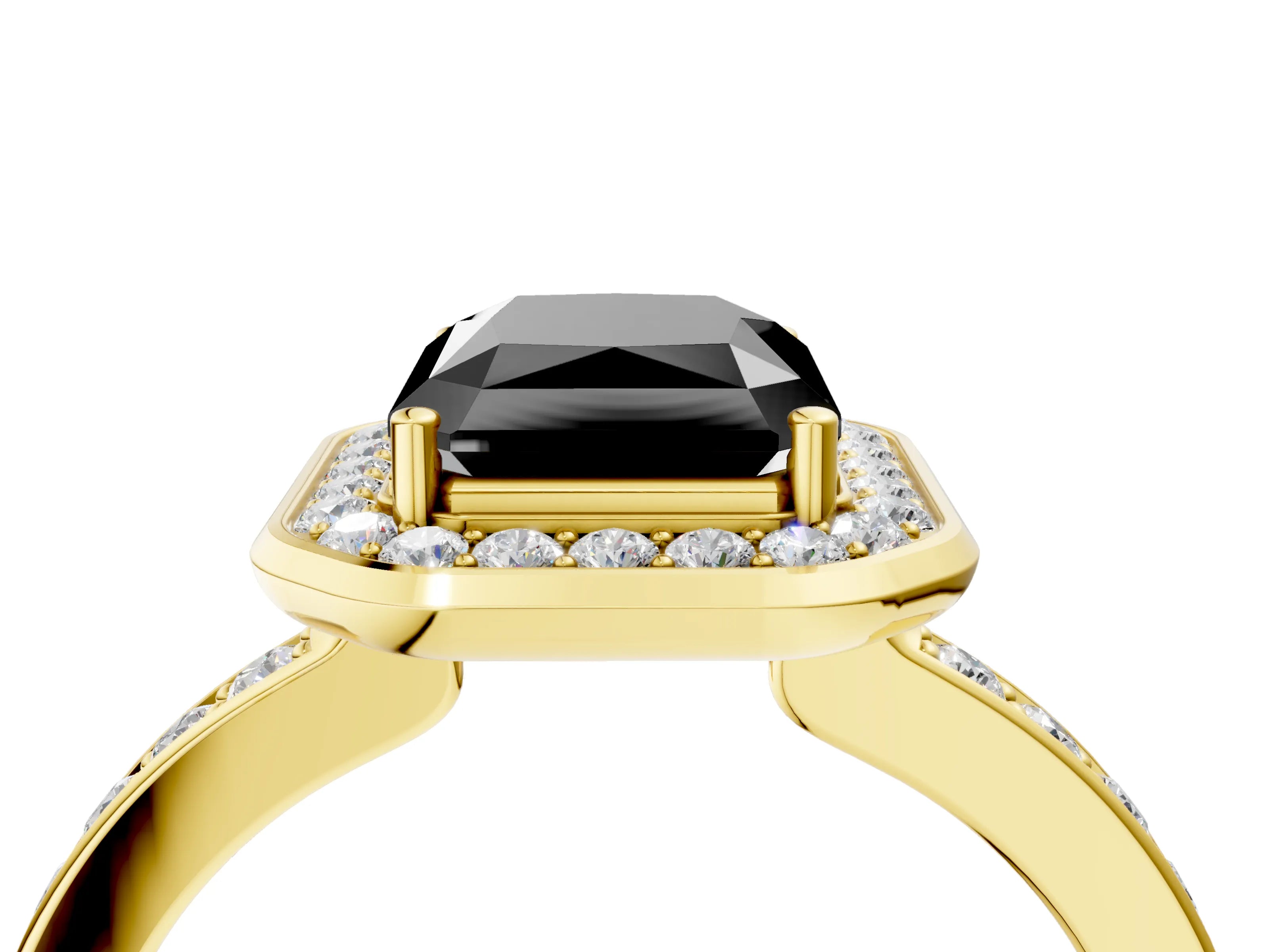 Yellow gold Fancy Black Radiant Cut Diamond Halo Ring with Bezel Frame and Pavé Band_4