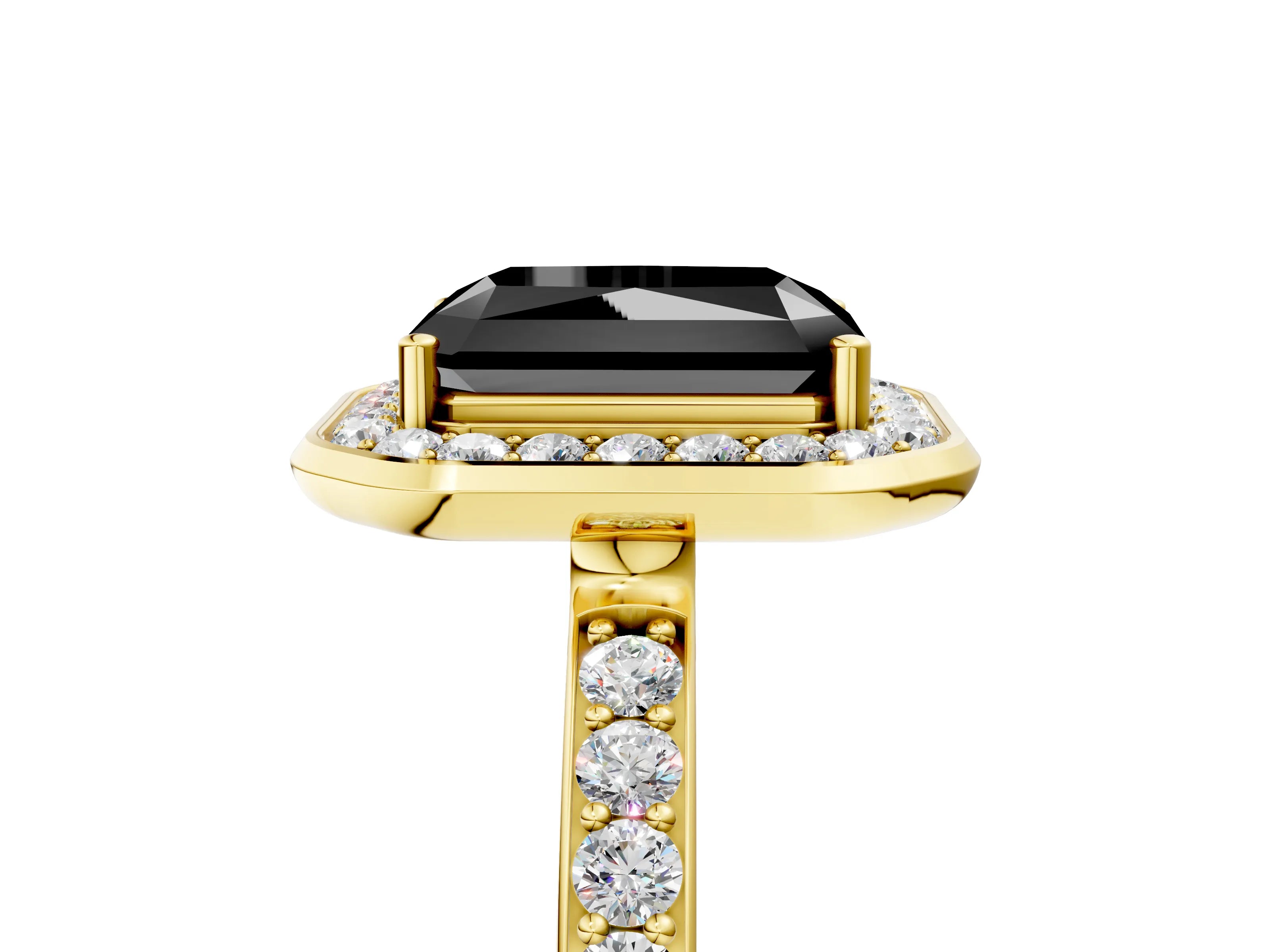 Yellow gold Fancy Black Radiant Cut Diamond Halo Ring with Bezel Frame and Pavé Band_5