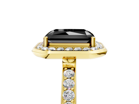 Yellow gold Fancy Black Radiant Cut Diamond Halo Ring with Bezel Frame and Pavé Band_5