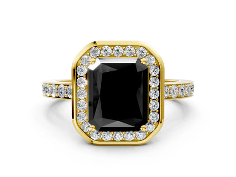 Yellow gold Fancy Black Radiant Cut Diamond Halo Ring with Bezel Frame and Pavé Band