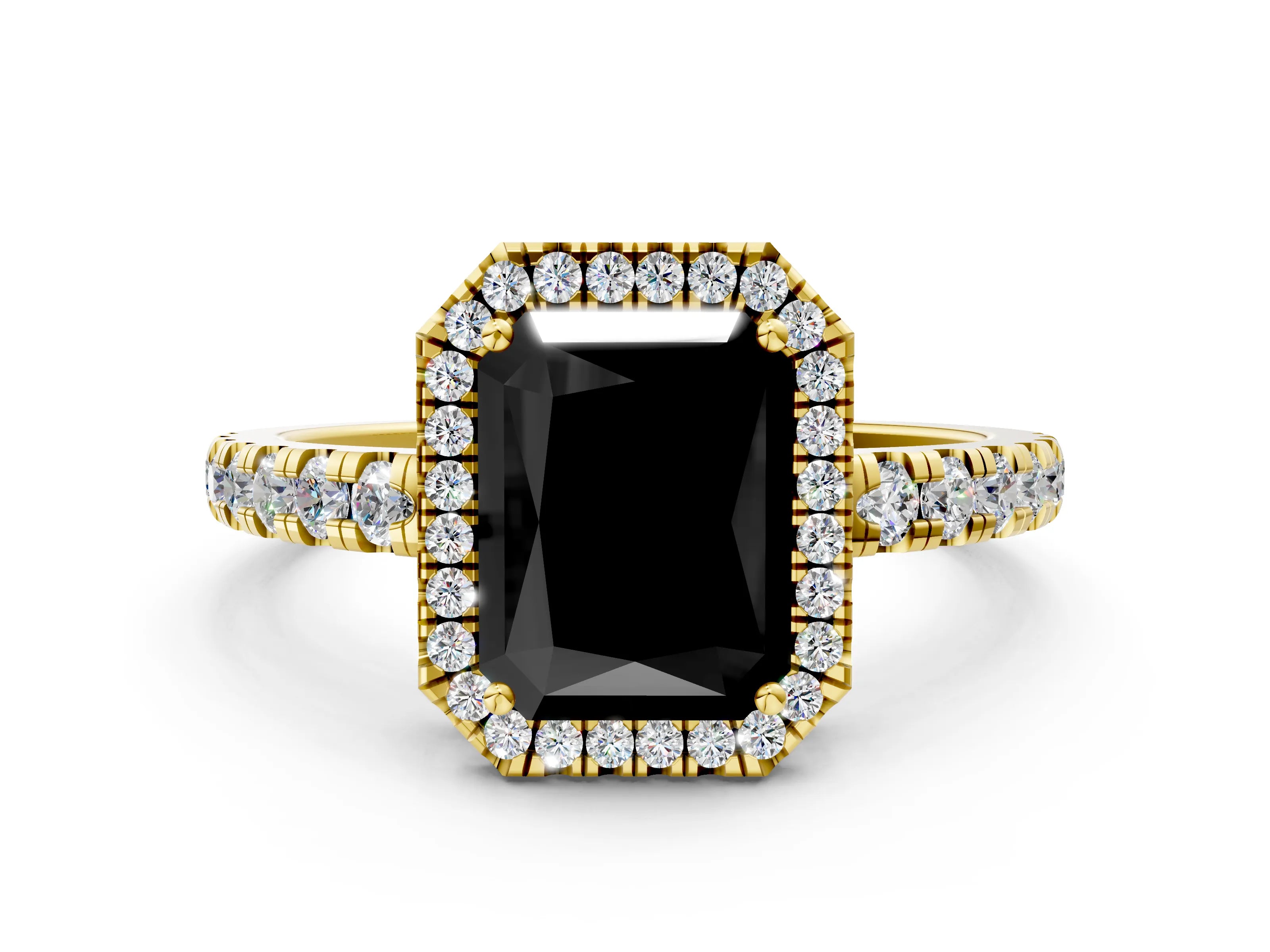 Yellow gold Fancy Black Radiant Cut Diamond Halo Ring with Pavé Band and Four-Prong Setting