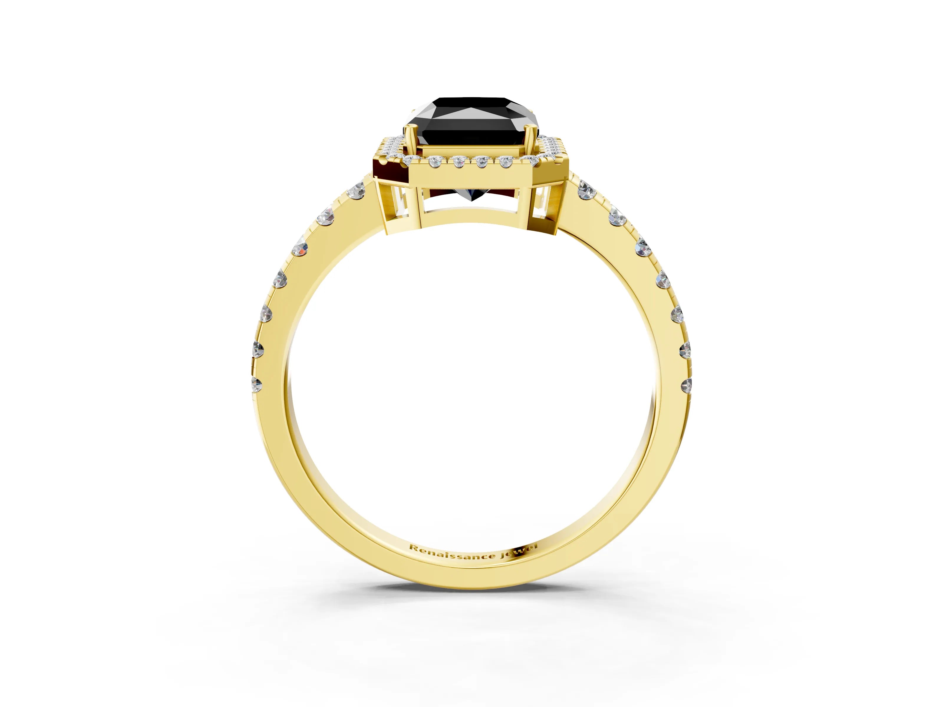 Yellow gold Fancy Black Radiant Cut Diamond Halo Ring with Pavé Band and Four-Prong Setting_3