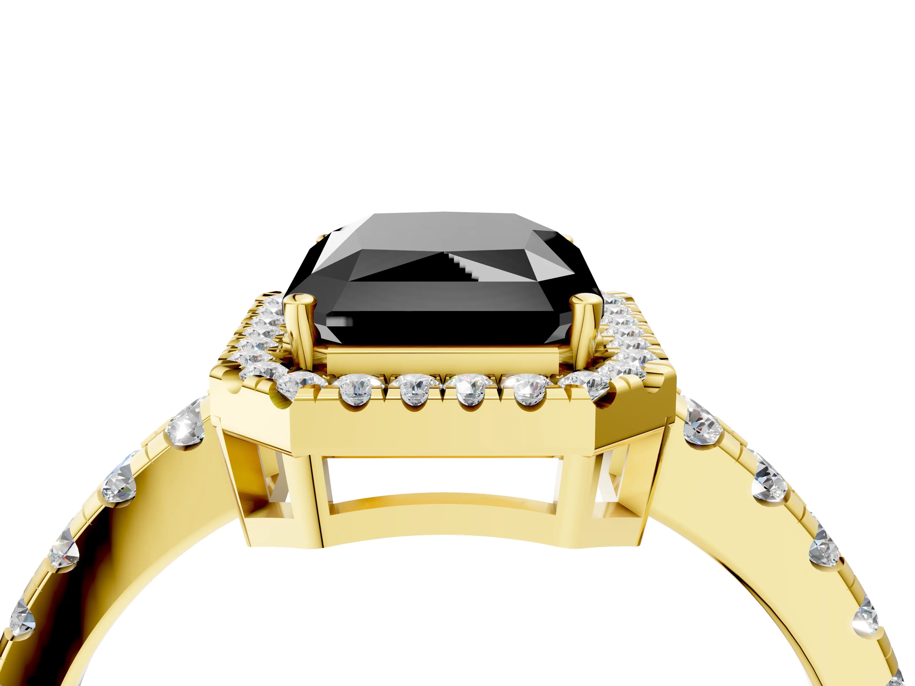 Yellow gold Fancy Black Radiant Cut Diamond Halo Ring with Pavé Band and Four-Prong Setting_4