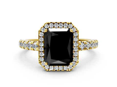 Yellow gold Fancy Black Radiant Cut Diamond Halo Ring with Pavé Band and Four-Prong Setting